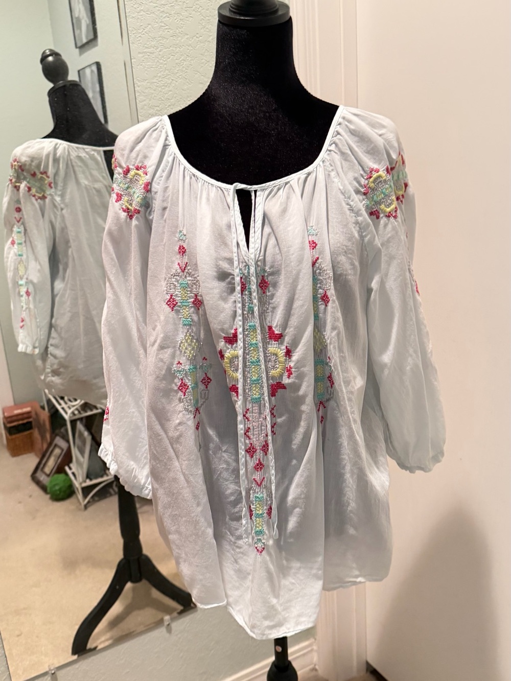 Johnny Was Pale Blue Embroidered Peasant Blouse with Pink & Green Accents